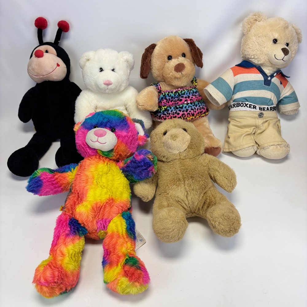 Build-A-Bear Workshop Plush Lot 6 pc Kids Multicolor Bears Dog Ladybug Tie Dye